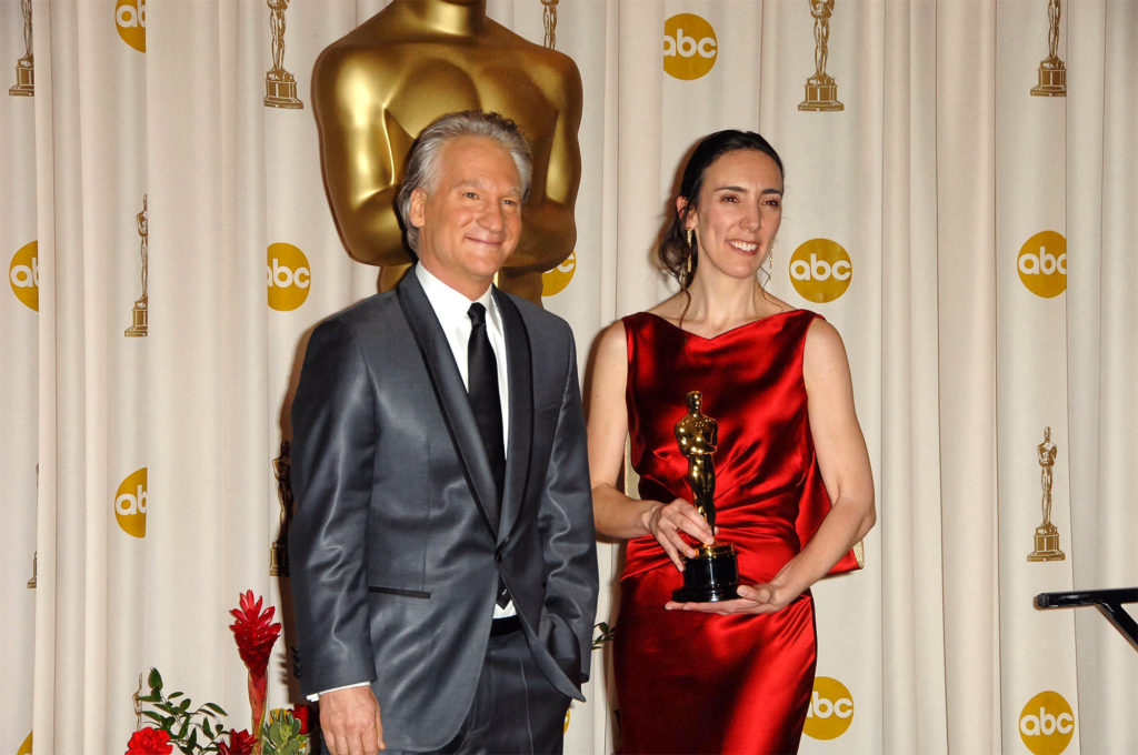 Amerikaanse TV presentator Bill Maher samen met Oscar winnares Megan Mylan